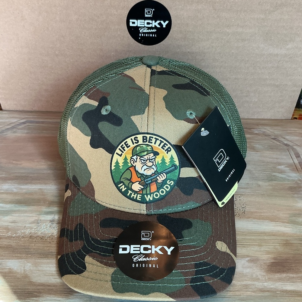 Camouflage Grumpy Old Man “LIFE IS BETTER IN THE WOODS” Decky 218 trucker hat